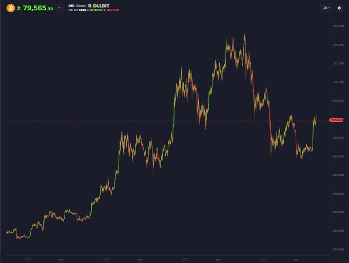 A Bitcoin (BTC) candlestick chart shows the price trading around $79,565 USD on Coinbase, with the post's bullish price targets ($250K BTC, $800 SOL, etc.) representing ambitious long-term predictions despite the current downtrend visible from the 2025 highs near $120K.
