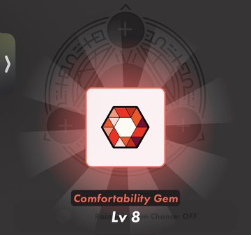 A glowing "Comfortability Gem" app icon labeled "Lv 8" is displayed against a dark, rune-embellished background. The gem appears to be a reward earned from walking, fitting the post's enthusiasm for walking and health goals within the STEPN app.