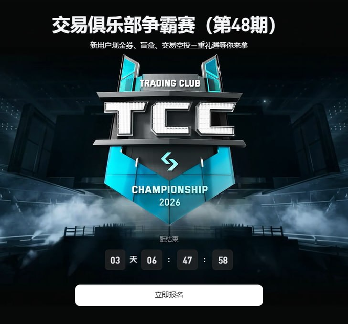 The image features a poster for the 48th Club Championship held at the Bitget arena. The poster displays the event's title and logo, with the text "I've recently discovered a pattern." It also includes details about the tournament structure, such as the number of rounds (two) and the prize money (€5,000). The image is accompanied by Chinese characters that translate to "Bull markets" and "Chaotic markets," indicating the market conditions during this event.