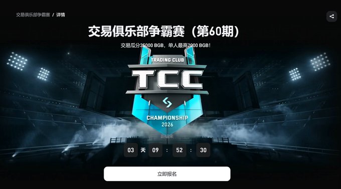 A promotional banner for the 60th Trading Club Championship (TCC) featuring a shield logo with 'CHAMPIONSHIP 2026', prize details (Trading Club pool 35000 BGB, individual max 7200 BGB), a countdown timer showing 03 days 09:52:30, and a 'Register Now' button.