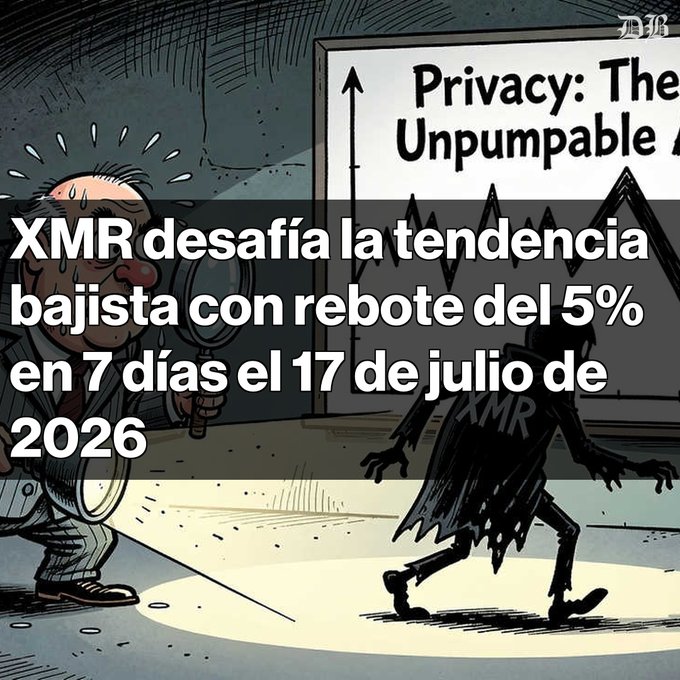 A Spanish-language headline reading 'XMR desafía la tendencia bajista con rebote del 5% en 7 días el 17 de julio de 2026' overlaid on a cartoon depicting a sweating man observing a shadowy figure labeled XMR near a 'Privacy: The Unpumpable' chart.