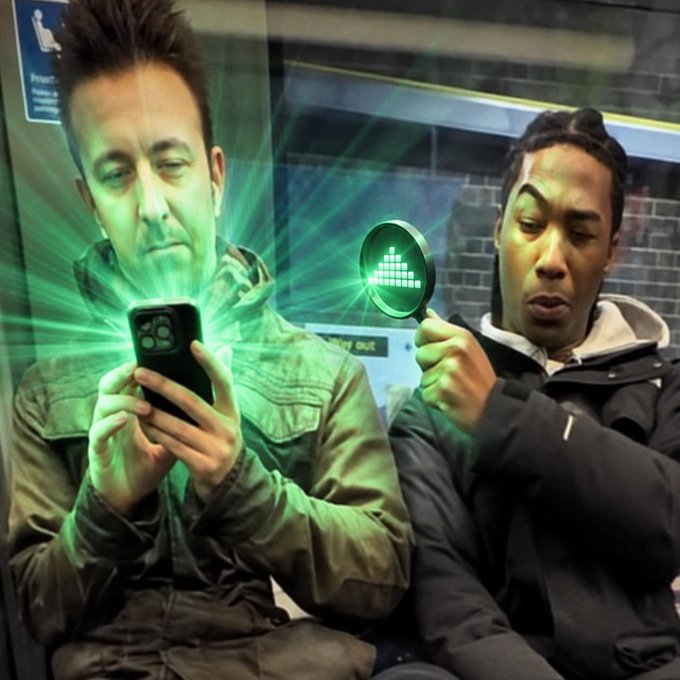 Two men sit side by side on public transportation, one intensely focused on his smartphone while the other points a magnifying glass featuring a green audio equalizer graphic at him, with light rays emanating from the phone.