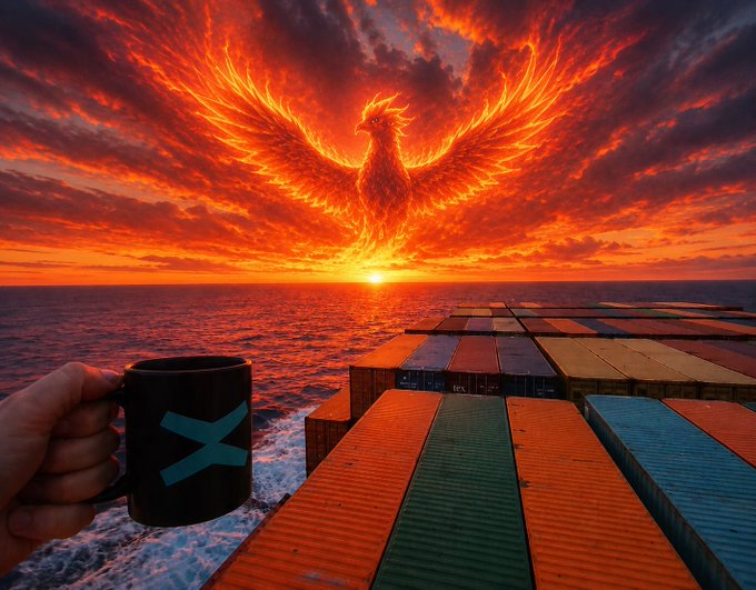 A dramatic image of a fiery red phoenix in the sky over a sunset ocean, with a hand holding a black coffee mug in the foreground and shipping containers below.