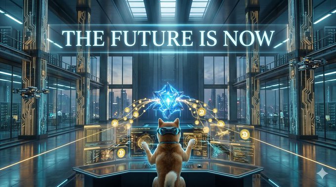 The image features a dog wearing virtual reality goggles, standing in front of a computer screen with a chatbot interface. The text "The Future Is Now" is displayed above the dog's head, while the words "Base MCP" are below the dog. The background shows an office setting with multiple computers and monitors. The post also mentions that Bitcoin has been the original internet money since 2013 and that it will be coming soon.