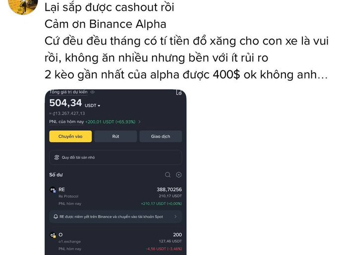 The image shows a phone screen displaying a message from someone named "Lai sap duoc cashout roi". The message contains text written in Vietnamese, which translates to "I'm trying to get rich quick" or "I want to make money fast". The person who sent the message is asking for advice on how to invest their money.