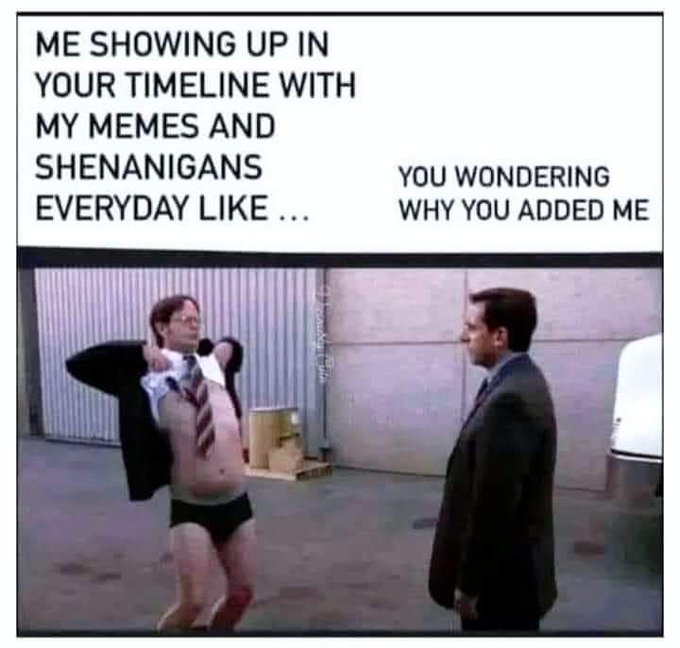 A meme using a scene from 'The Office' featuring Dwight and another character, with text reading 'ME SHOWING UP IN YOUR TIMELINE WITH MY MEMES AND SHENANIGANS EVERYDAY LIKE...' and 'YOU WONDERING WHY YOU ADDED ME'.