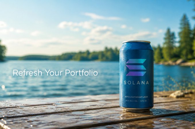 A blue can labeled 'SOLANA' with 'SUPER LIGHTWEIGHT LAGER, 4.2% ALC/VOL 12 FL OZ' sits on a wooden dock by a lake, accompanied by the text 'Refresh Your Portfolio.'