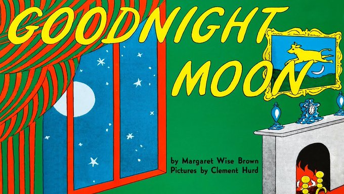 Cover of the children's book "GOODNIGHT MOON" by Margaret Wise Brown, with pictures by Clement Hurd, featuring a window with a view of the moon and a fireplace.