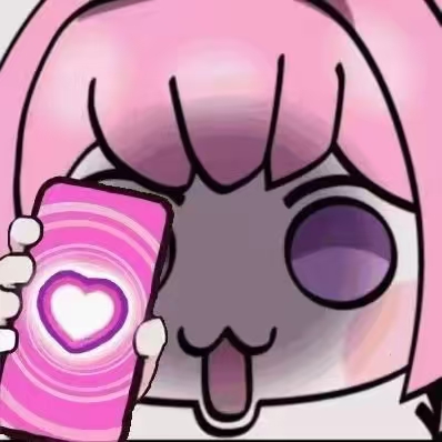 A cartoon-style illustration of a pink-haired anime character with a blushing face and tongue out, holding a pink phone displaying a heart icon.