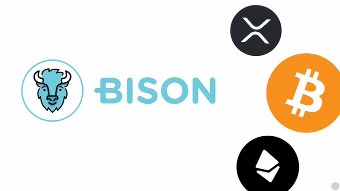 A white background features the BISON logo with a blue bison head in a circle, surrounded by cryptocurrency logos including XRP, Bitcoin (BTC), and Ethereum (ETH).