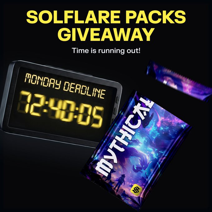 The image features a clock with the time of 12:40 pm, as well as an advertisement for Solflare Packs that includes a pack of cards. The text on the card reads "Time's running out for the Solflare Packs Giveaway. 50 packs are still on the line. ⤷ Any card can win. ⤷ Creativity decides. Entries close on Monday June 22nd." This advertisement is promoting a giveaway where people have to create an entry using the pack of cards, and if they do so within a specific time frame, they will be entered into a contest for 50 packs of Solflare Packs.