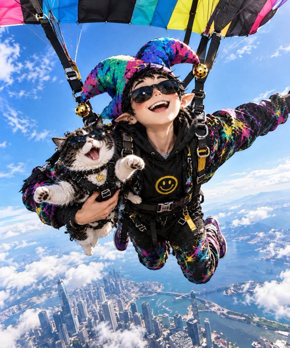 A person in a colorful jester hat and outfit skydives with a cat, high above a coastal city skyline.