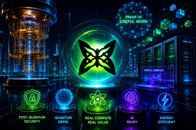 A futuristic tech graphic featuring a central green butterfly emblem labeled 'REAL COMPUTE REAL VALUE' with surrounding icons reading 'POST-QUANTUM SECURITY', 'QUANTUM DEPIN', 'AI READY', 'ENERGY EFFICIENT', 'USEFUL COMPUTE', and 'PROOF OF USEFUL WORK'.