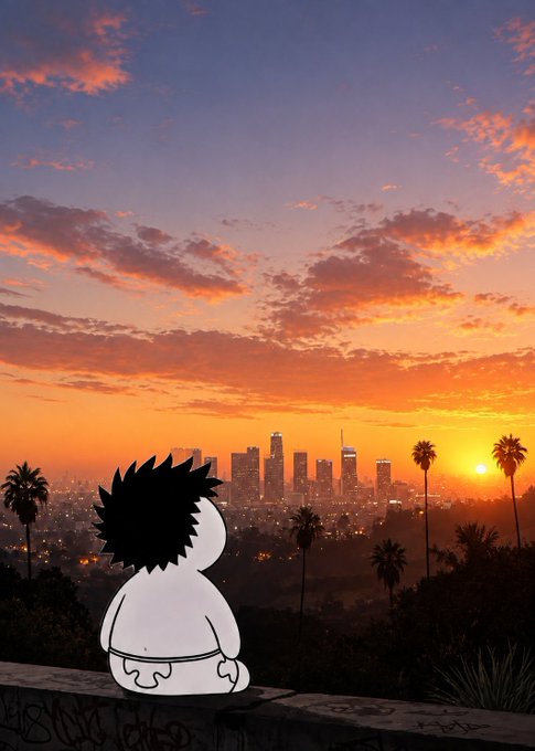 A cartoon character with spiky black hair sits on a graffiti-covered ledge overlooking the Los Angeles skyline at sunset.