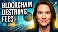 The image features a woman with brown hair, wearing a black blazer, standing against a blue background that includes a city skyline and a yellow circle with a green dot inside of it. The caption below the image reads "Blockchain Destroying fees", which is related to the content of the post about blockchain technology.