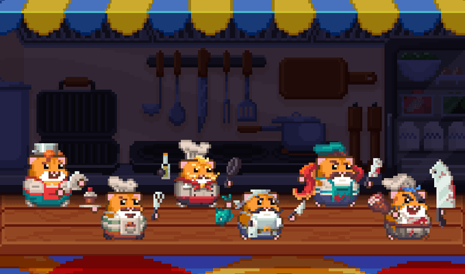 A pixel art scene shows six hamster chefs in a kitchen setting, each wearing different hats and holding various cooking utensils like whisks and fish.