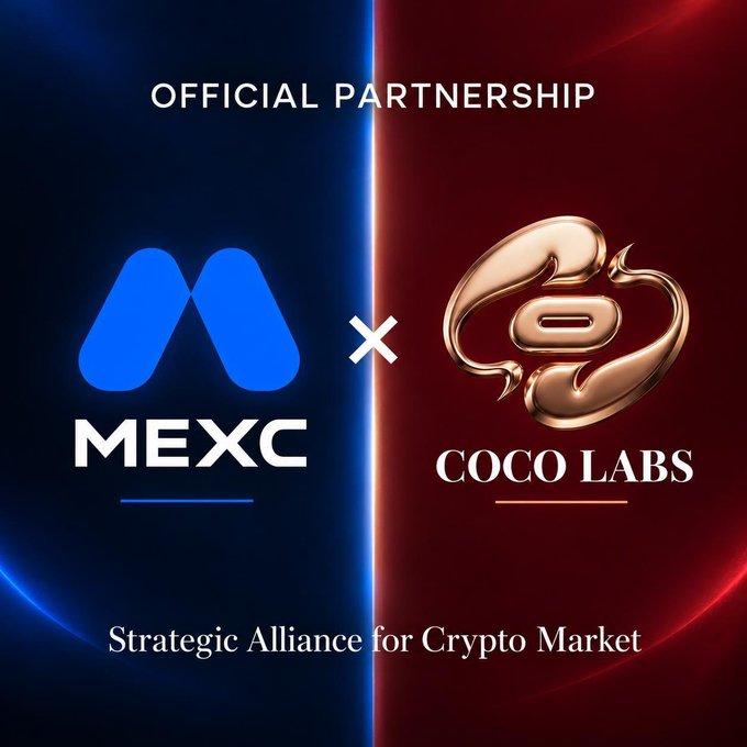 A promotional graphic announcing an "OFFICIAL PARTNERSHIP" between MEXC (blue logo) and COCO LABS (gold logo), labeled at the bottom as a "Strategic Alliance for Crypto Market."