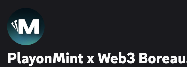A dark logo for 'PlayonMint x Web3 Bureau' featuring a stylized 'M' inside a teal circle.