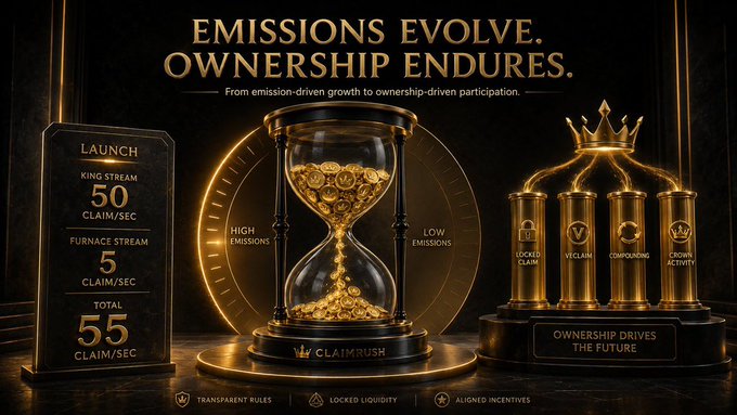 A promotional graphic titled 'EMISSIONS EVOLVE. OWNERSHIP ENDURES.' displays a large hourglass filled with gold coins above a 'CLAIMRUSH' logo, flanked by information panels showing 'KING STREAM 50 CLAIM/SEC', 'FURNACE STREAM 5 CLAIM/SEC', 'TOTAL 55 CLAIM/SEC', and tokens for 'LOCKED CLAIM', 'VYCLAIM', 'COMPOUND', and 'CROWN ACTIVITIES'.