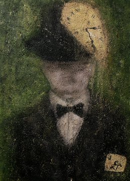 A small impressionist-style portrait painting of a man with a yellow beard and black hat, wearing a suit and bow tie, set against a textured green background with a small label in the corner.