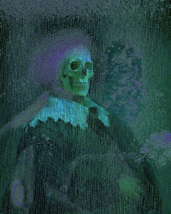 A dark, grainy, atmospheric image of a skeletal figure draped in cloth with a glowing cyan light, set against a dark background.