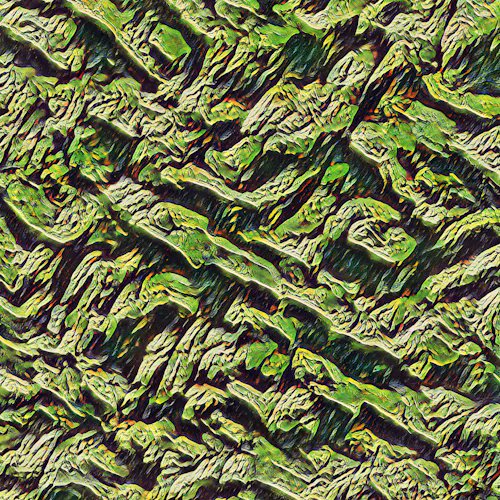 An abstract, psychedelic artwork displaying an embossed, wavy green and yellow textured pattern with a glossy, almost 3D liquid-like appearance.