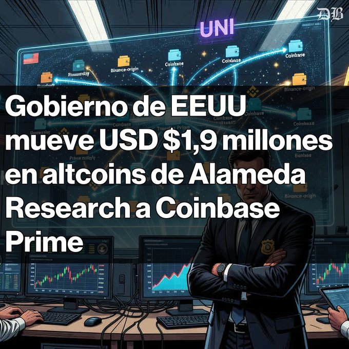 The image shows a cartoon illustration of a man standing next to computer monitors, surrounded by several keyboards, mice, and other office equipment such as an open laptop. The background features various computer screens displaying charts and graphs related to the financial industry. In the foreground, there is text that reads "Gobierno de EE. UU mueve USD $1,9 millones en altcoins de Alameda Research a Coinbase Prime. Los tokens, incluidos RNDR, UNI, SAND, MASK y AXS, provienen de cuentas incautadas en 2023". The overall scene conveys the idea of someone working in the financial industry and managing various crypto investments using specialized software or tools that allow them to track and analyze market trends.