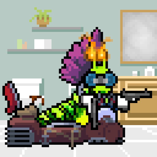 A pixel art illustration of a colorful character with purple hair, a crown, and blue goggles sitting at a desk in an office-like room with shelves and a plant.
