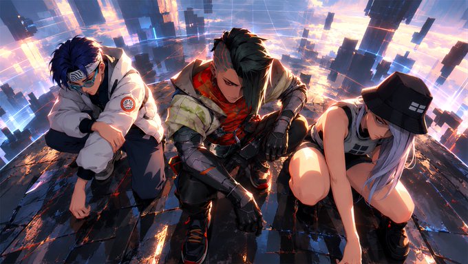 An anime-style illustration of three characters in cyberpunk/tactical outfits posing together against a futuristic cityscape with glowing blue and orange lights.