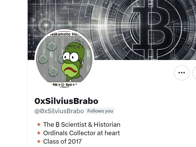 A social media profile screenshot for '0xSilviusBrabo' featuring a Pepe the Frog avatar, a Bitcoin background, and the text 'The B Scientist & Historian, Ordinals Collector at heart, Class of 2017.'