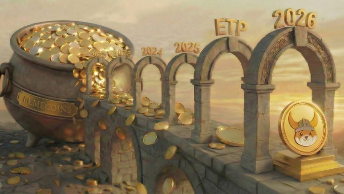 Fantasy illustration of a golden pot of 'MEMCOINS' overflowing onto stone arches labeled 'EIP 2023, 2024, 2025, EIP 2026' with a Shiba Inu coin on a pedestal.