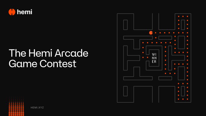 A promotional graphic for 'The Hemi Arcade Game Contest' featuring a Pac-Man style maze on the right side with the word 'WINNER' in the center, and the hemi logo at the top left.