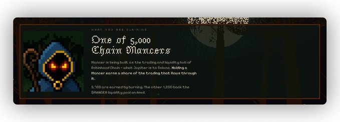 A pixel-art banner for a "Dune of 5,000 Chain Mancers" NFT collection claim, featuring a hooded figure with glowing red eyes and text describing Mancer as a trading and liquidity hub on the Robinhood Chain, with 3,750 tokens earned by burning and 1,250 taking the SPANKEP liquidity pool on Anvil. The banner visually highlights the 5,000-token supply mentioned in the post and the Anvil NFT AMM integration tied to the Mancer project.