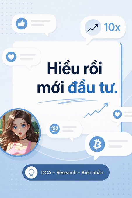 A Vietnamese investment-themed graphic stating 'Hiểu rồi mới đầu tư' (Only invest after understanding) with DCA - Research - Kiên nhân tagline, featuring an anime avatar and social media engagement icons.