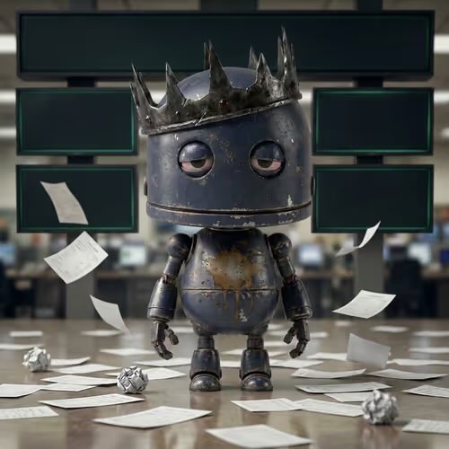 A small, weary robot wearing a battered crown stands among scattered papers and crumpled balls on a desk, with empty office monitors in the background—visually echoing the post's joke about a "crowned junkyard king" rescued from unemployment by "Dfi." The image's abandoned, defeated atmosphere matches the humorous tone of a forgotten, jobless royal figure getting a second chance.