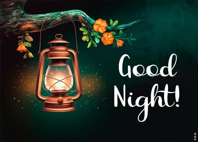 A decorative 'Good Night!' greeting featuring a glowing vintage lantern hanging from a branch with orange flowers against a starry dark teal background.