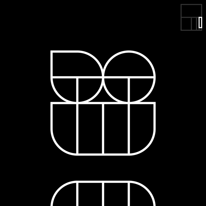 A minimalist white line-art logo on a black background, featuring stylized 'BB' lettering composed of geometric shapes within an arched frame, with a small UI element in the top right corner.