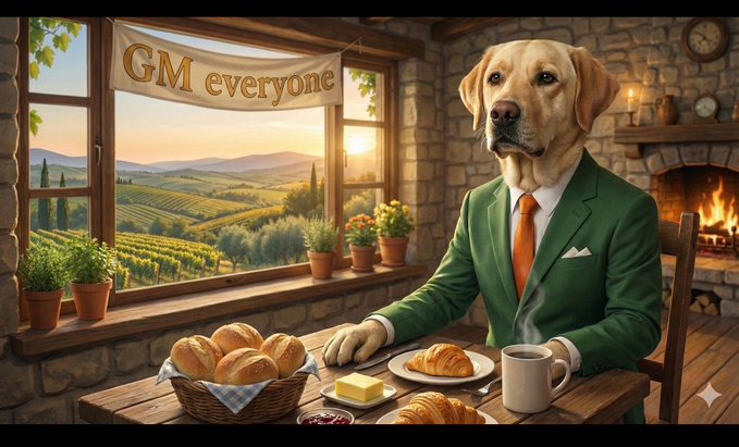 An AI-generated image of a Labrador dog wearing a green suit jacket and orange tie sitting at a table with bread and coffee, with a banner reading 'GM everyone' hanging by a window overlooking a vineyard.