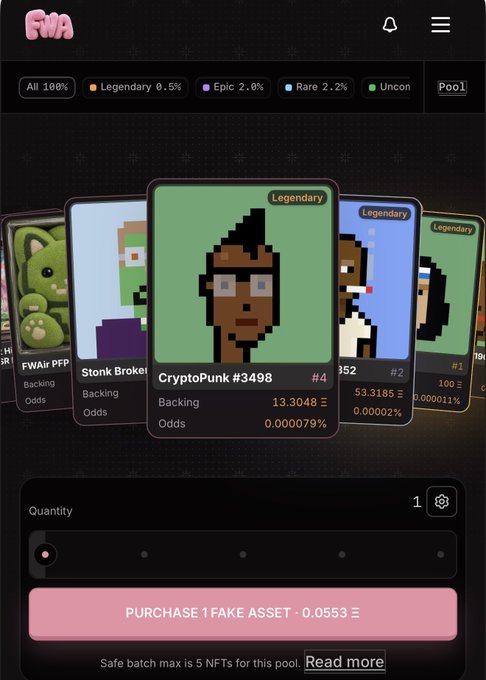 A screenshot of an NFT marketplace interface showing pixel art character cards, with the highlighted 'CryptoPunk #3498' marked as Legendary, and a 'PURCHASE 1 FAKE ASSET' button at the bottom.