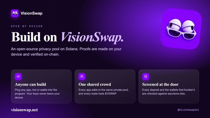 VisionSwap promotional graphic featuring a sunglasses emoji logo with the tagline "Build on VisionSwap" and details about the open-source privacy pool on Solana at visionswap.net