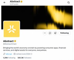 Screenshot of a social media profile for 'Abstract' (@AbstractChain), describing it as 'Bringing the world's economy onchain by powering consumer apps, financial services, and digital assets for everyone, everywhere.' with 585.5K followers.