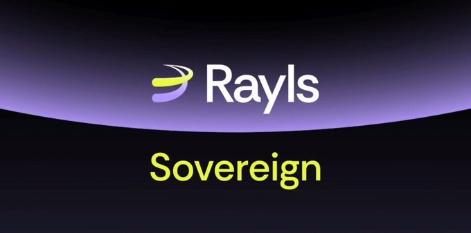 The image features the "Rayls Sovereign" logo, with the Rayls brand name in white alongside its yellow and purple swoosh emblem on a purple gradient banner, and "Sovereign" displayed below in bright green text on a dark background. This visual reinforces the post's message that Rayls Sovereign is designed around banks' inherent need to keep their core banking ledgers separate rather than pooled, positioning the platform as a compliant institutional blockchain solution.
