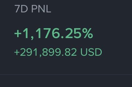 A trading dashboard displays "7D PNL" showing a gain of "+1,176.25%" and "+291,899.82 USD," visually reinforcing the post's claim of a portfolio up over 1,000% in a week, illustrating the author's advice to bet big with conviction when opportunities arise.