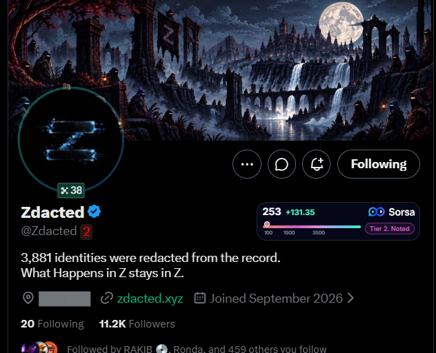 An X/Twitter profile for "Zdacted" (@Zdacted_) with a dark fantasy banner showing a castle and moon, featuring the tagline "3,881 identities were redacted from the record. What Happens in Z stays in Z."