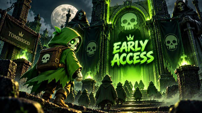 The dark, atmospheric promotional image features a green-cloaked skeleton character standing before a gothic tomb entrance marked with "EARLY ACCESS" and "TOMBHOOD" banners, visually emphasizing the project's early-access opportunity and tomb-themed identity tied to the $TBH token mentioned in the post.