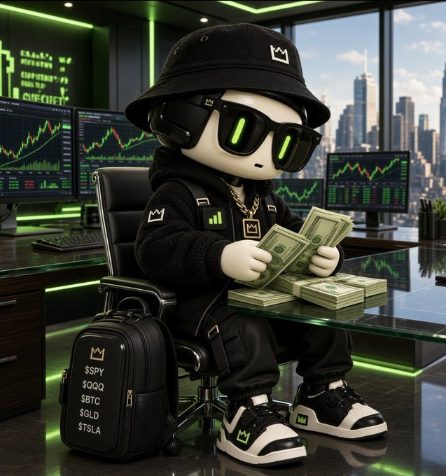 A cartoon figure in black streetwear and green sunglasses counts stacks of money at a desk with stock charts, alongside a bag labeled with tickers $SPY, $QQQ, $BTC, $GLD, and $TSLA.
