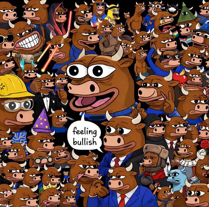 A crowd of cartoon bulls fills the image, with the central bull declaring "feeling bull**ish**," playfully referencing the $BULL token by using its ticker as a visual pun on the well-known "bullish" market sentiment. The packed scene of bullish characters humorously mirrors the post's skepticism about KOLs who preach bullish playbooks but fail to actually back tokens like $BULL.