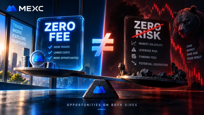 A promotional banner for MEXC cryptocurrency exchange showing a balance scale comparing 'ZERO FEE' (with 'MORE TRADES', 'LOWER COSTS', 'MORE OPPORTUNITIES') against 'ZERO RISK' (with 'MARKET VOLATILITY', 'LEVERAGE RISK', 'FUNDING FEES', 'POTENTIAL LIQUIDATION'), tagged 'OPPORTUNITIES ON BOTH SIDES'.
