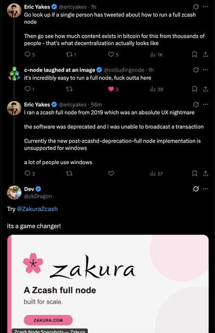 A Twitter/X thread where user @ericyakes critiques the difficulty of running a Zcash full node and user @colludingnode responds, with user @zkDragon recommending trying @ZakuraZcash's full node solution.