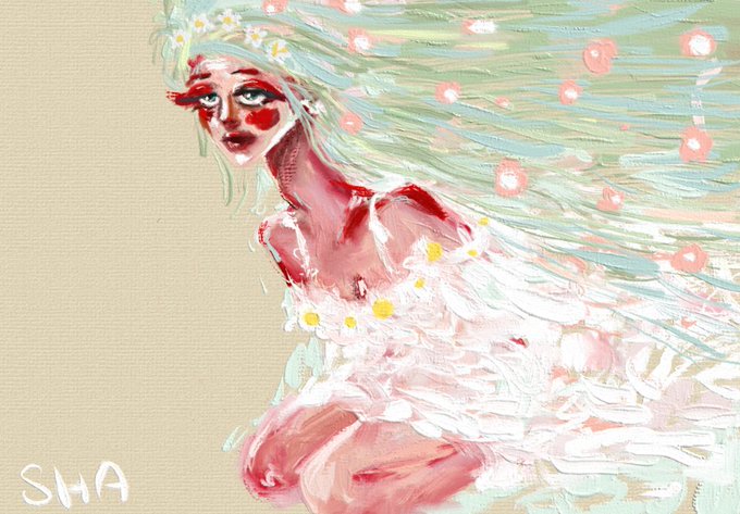 A digital painting signed "SHA" in the bottom left, depicting a stylized figure with flowing mint-green hair adorned with pink flowers, wearing a white floral dress and showing a melancholic expression. The artwork's ethereal, blooming aesthetic aligns with its title "Blooming After the Storm," capturing themes of resilience and fragile beauty.